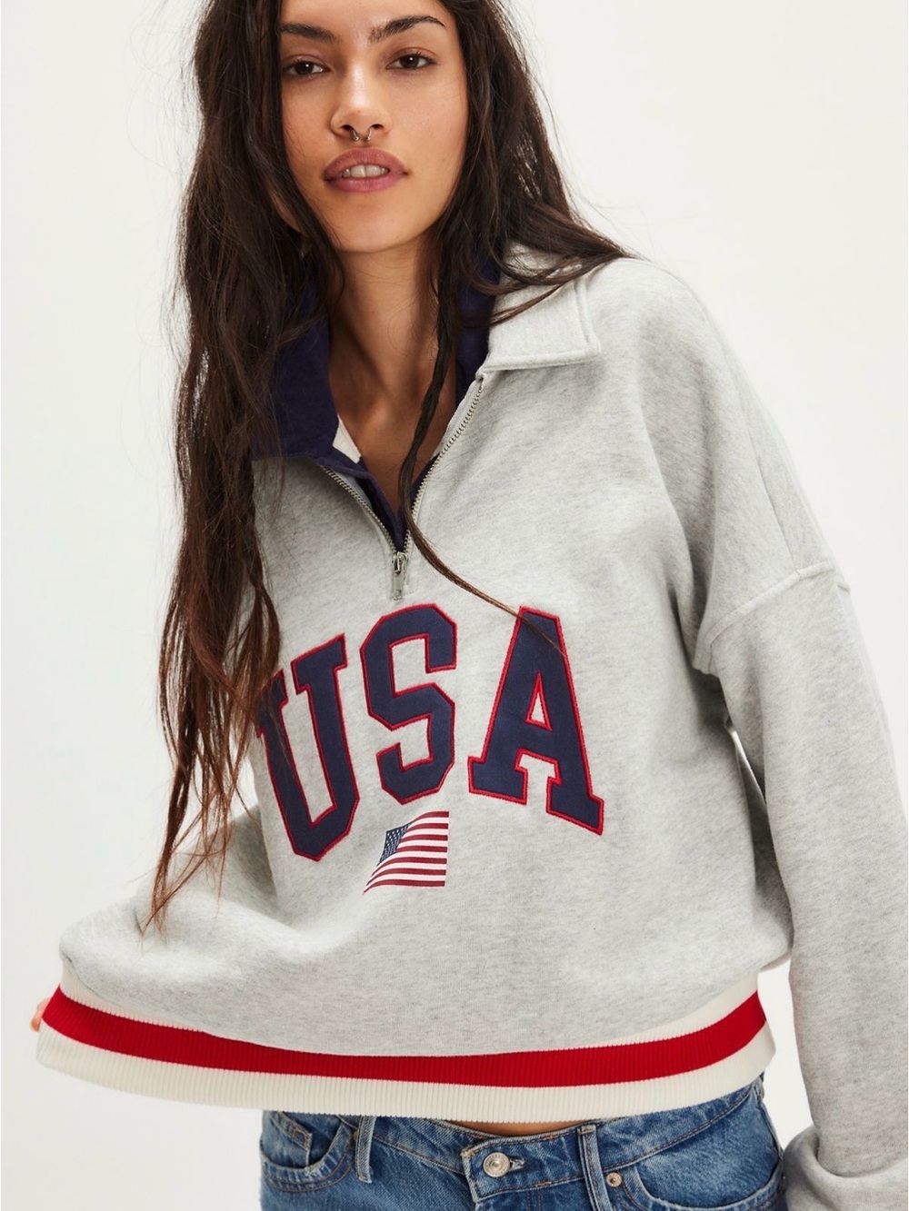 Chaser USA Rib Stripe Quarter Zip Sweatshirt Gray Medium